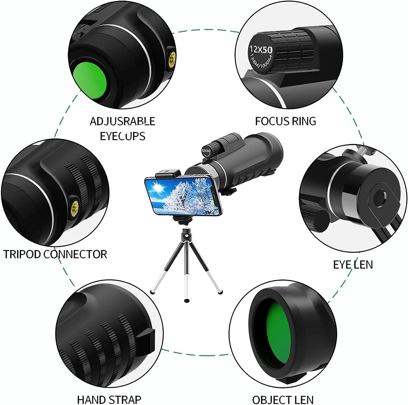 Monocular Telescope 16X52 High Power Monocular Telescope With Smartphone Tripod, Portable Bag   Ideal For Bird Watching, Hunting
